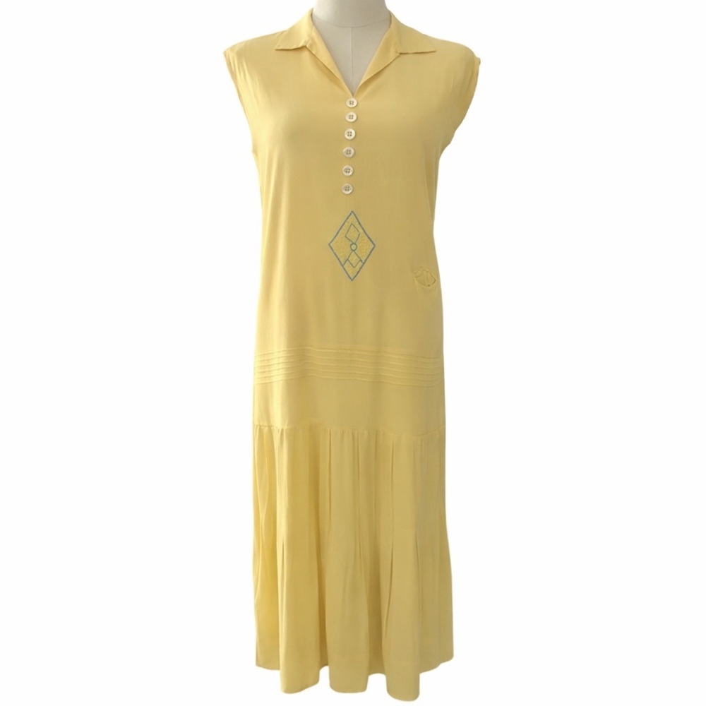 Vintage 1920s Butter Yellow Silk Dress Art Deco Embroidery